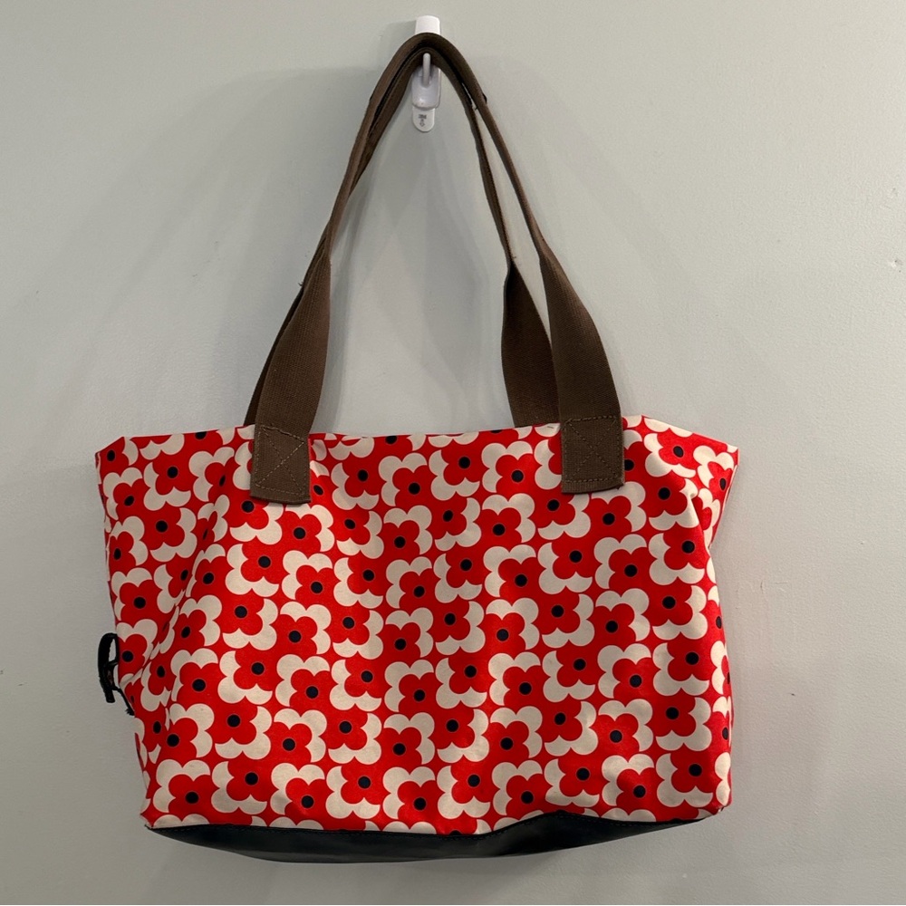Orla Kiely Red and White Floral Tote with Brown Straps